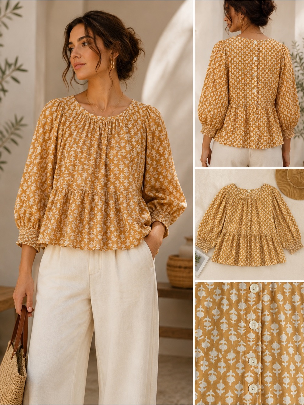 Cotton Mustard Floral Babydoll Blouse Balloon Sleeve Cottagecore Top size S